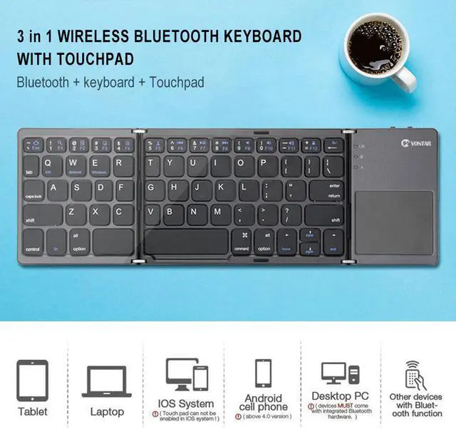 Alt view image 2 of 7 - 3 in 1 Wireless Bluetooth Keyboard Super Slim Touchpad Twice Foldable Keypad Rechargeable for Tablet/Laptop Android/IOS Devices