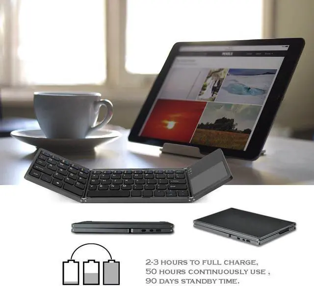 Alt view image 3 of 7 - 3 in 1 Wireless Bluetooth Keyboard Super Slim Touchpad Twice Foldable Keypad Rechargeable for Tablet/Laptop Android/IOS Devices