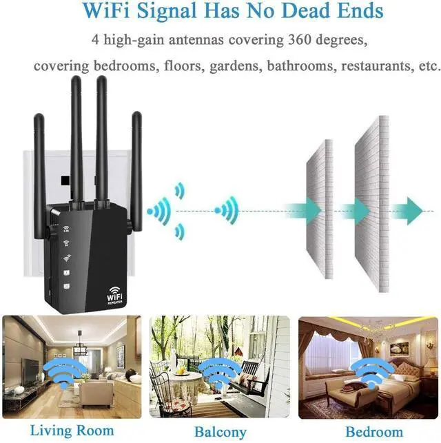 Alt view image 6 of 7 - Wireless 2.4G/5G Dual Band WiFi Repeater 1200Mbps Wireless AP Range Extender Wifi Signal Amplifier with 4 Antennas for Hotel/Home/Office(Black)