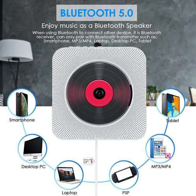 Alt view image 6 of 7 - Wall Mounted CD Player Bluetooth Stereo HiFi Speaker DVD Player CD Boombox  FM Radio with LCD Display Alarm Clock Wireless Remote Control Support 1080P HDMI Video to TV