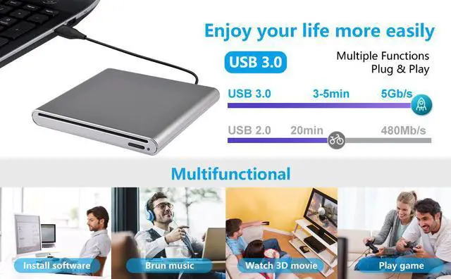 Alt view image 7 of 7 - External 3D Blu-Ray Burner DVD Writer Drive USB 3.0 Blu-ray Drive Player CD DVD Recorder Reader for Windows XP/7/8/10, Mac OS