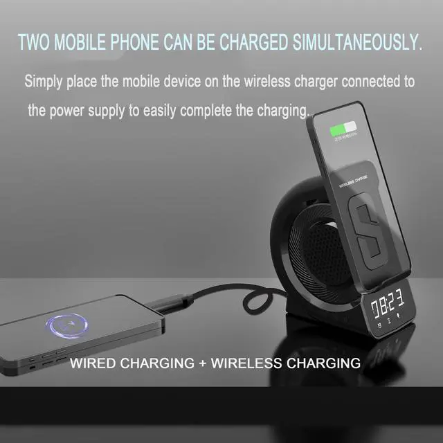 Alt view image 4 of 7 - 10W Wireless Charger Bluetooth Speaker with FM Radio Digital Alarm Clock TF card Player Phone Wireless Charging Stand