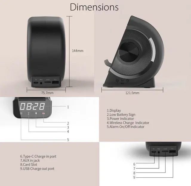 Alt view image 6 of 7 - 10W Wireless Charger Bluetooth Speaker with FM Radio Digital Alarm Clock TF card Player Phone Wireless Charging Stand