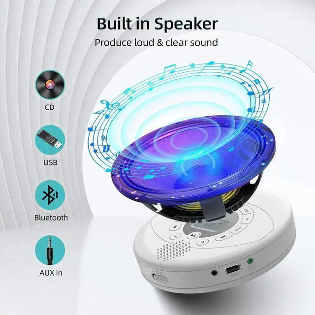 Alt view image 7 of 7 - Portable CD Player Bluetooth CD Walkman Built in Speakers with Headphones Rechargeable CD Player Support USB/AUX input