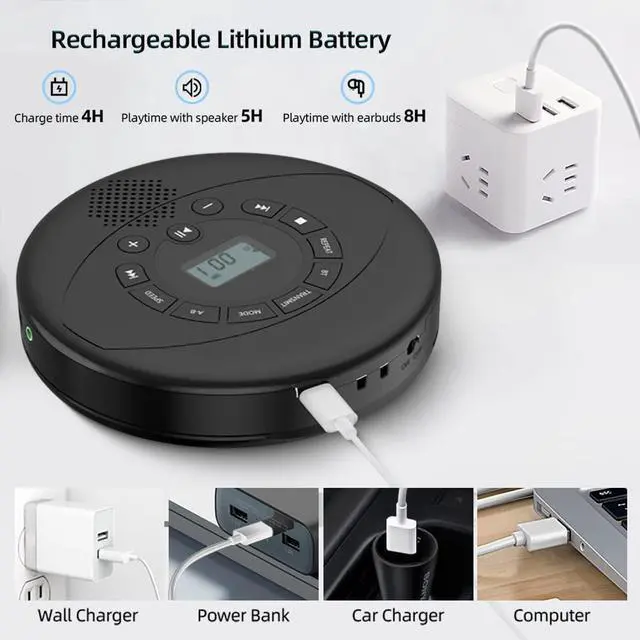 Alt view image 2 of 7 - Portable CD Player Bluetooth CD Walkman Built in Speakers Rechargeable CD Player with USB/AUX/Headphone Port