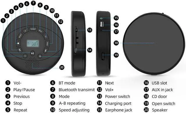 Alt view image 7 of 7 - Portable CD Player Bluetooth CD Walkman Built in Speakers Rechargeable CD Player with USB/AUX/Headphone Port