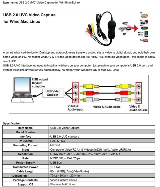 Alt view image 6 of 6 - Ezcap158 USB Audio Video Recording Card UVC Video Capture Convert Analog Video Audio to Digital format for XBOX VHS PS3