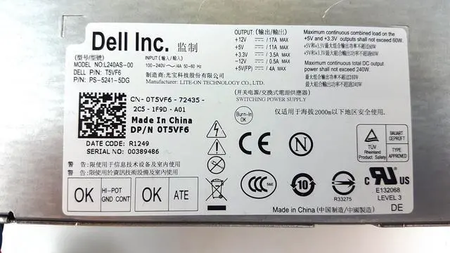 Alt view image 3 of 3 - Dell Optiplex SFF 390 790 990 9010 PSU 240W Part 0T5VF6 T5VF6