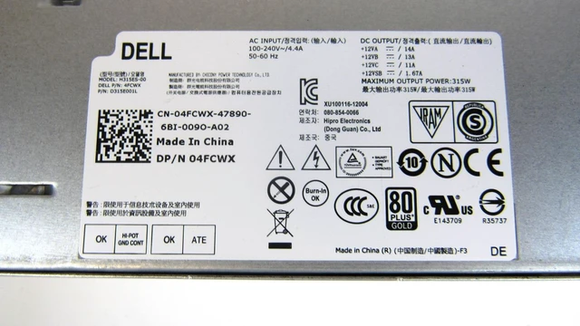 Alt view image 3 of 4 - Dell OptiPlex XE2 SFF 315W OEM Desktop Power Supply D315ES-00 4FCWX 04FCWX