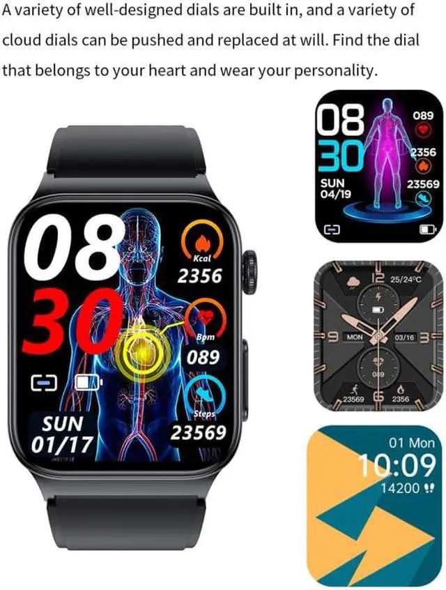 Alt view image 5 of 7 - E500 1.83 inch HD Square Screen TPU Watch Strap Smart Watch Supports ECG Monitoring / Non-invasive Blood Sugar TPU Strap(Black) (Black)