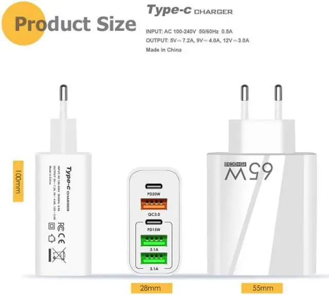 Alt view image 4 of 7 - 65W Dual PD Type-C + 3 x USB Multi Port Charger with 3A Type-C to 8 Pin Data Cable, US Plug