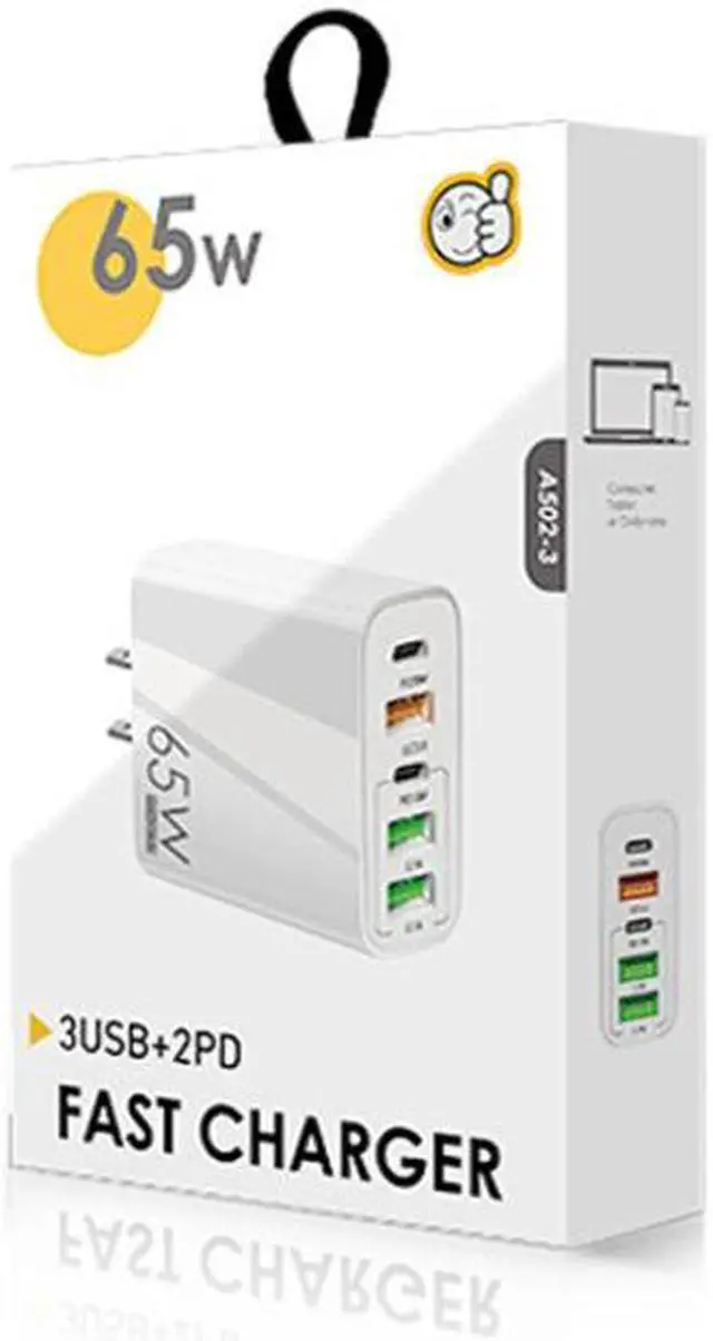 Alt view image 6 of 7 - 65W Dual PD Type-C + 3 x USB Multi Port Charger with 3A Type-C to 8 Pin Data Cable, US Plug