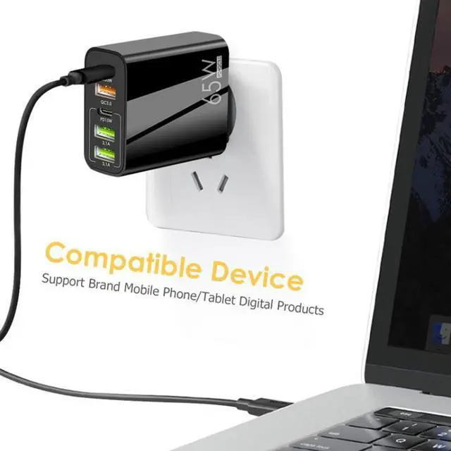 Alt view image 5 of 7 - 65W Dual PD Type-C + 3 x USB Multi Port Charger with 3A Type-C to 8 Pin Data Cable, US Plug