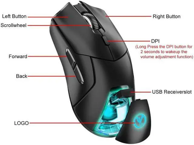 Alt view image 5 of 7 - HXSJ T40 7 Keys 4000DPI Three-mode Colorful Backlight Wireless Gaming Mouse Rechargeable T40 White (White)