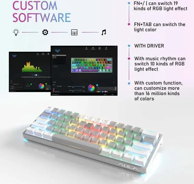 Alt view image 4 of 7 - AULA F3261 Type-C Wired Hot Swappable 61 Keys RGB Mechanical Keyboard (Gray White Red Shaft)