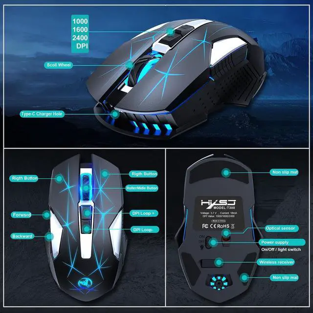 Alt view image 4 of 6 - HXSJ T300 7 Keys 2400DPI 2.4G Colorful Luminous Wireless Mouse