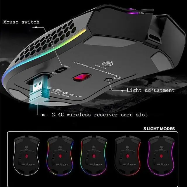 Alt view image 5 of 6 - K-Snake BM600 1600 DPI 7-keys Hollow Lightweight Wireless Charging RGB Colorful Gaming Mouse