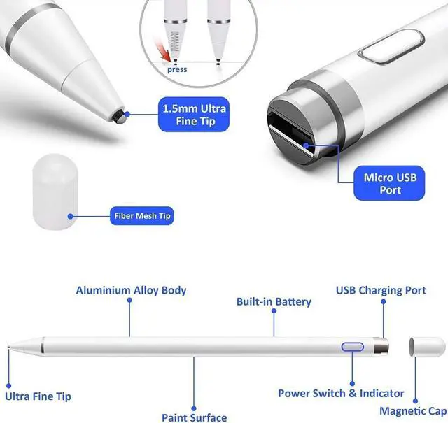 Alt view image 3 of 6 - Pencil Universal Rechargeable Active Capacitive Stylus Pen with Magnetic Cap