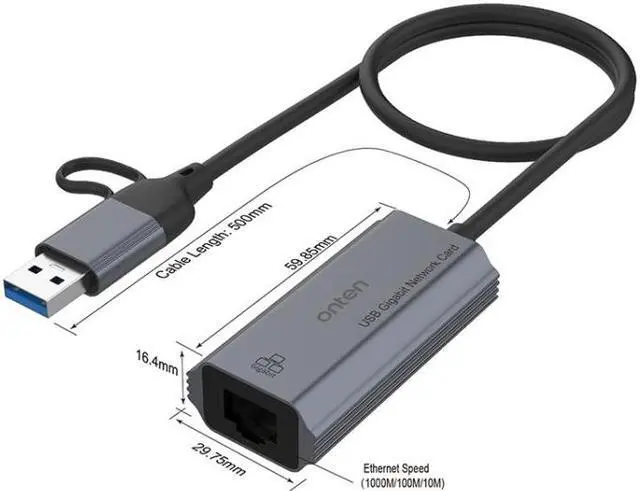 Alt view image 4 of 4 - Onten UE101 2 in 1 USB3.0 Gigabit Network Card - OEM