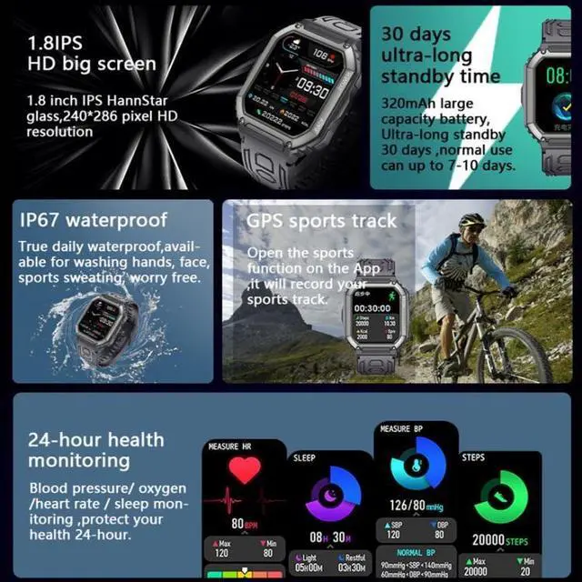 Alt view image 4 of 7 - KR06 1.8 Inch Heart Rate Blood Pressure Monitoring Smart Calling Watch (Black)