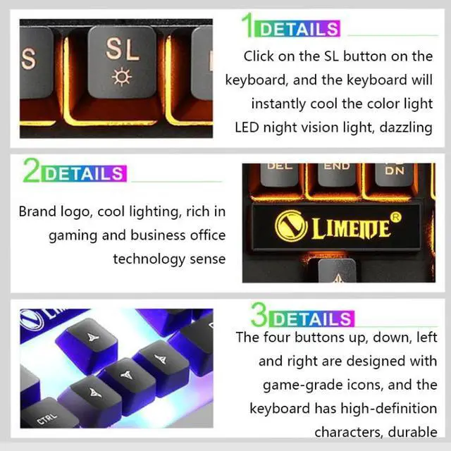 Alt view image 6 of 7 - LIMEIDE GTX300 1600DPI 104 Keys USB Rainbow Suspended Backlight Wired Luminous Keyboard and Mouse Set, Cable Length: 1.4m (Black)