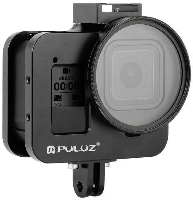 Alt view image 2 of 7 - PULUZ Housing Shell CNC Aluminum Alloy Protective Cage with Insurance Frame & 52mm UV Lens for GoPro HERO8 Black (Black)