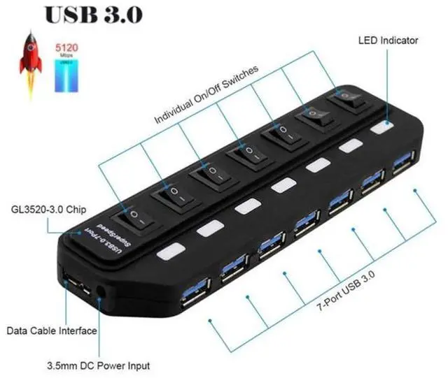 Alt view image 3 of 5 - 7 Ports USB 3.0 HUB Independent Switching Splitter Splitter
