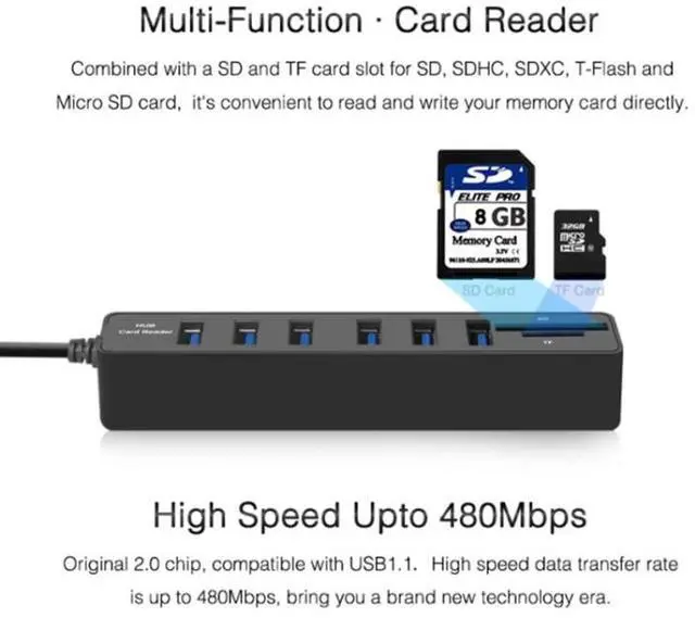 Alt view image 3 of 6 - Multi USB 2.0 Hub USB Splitter High Speed 6 Ports with TF SD Card Reader(Black)