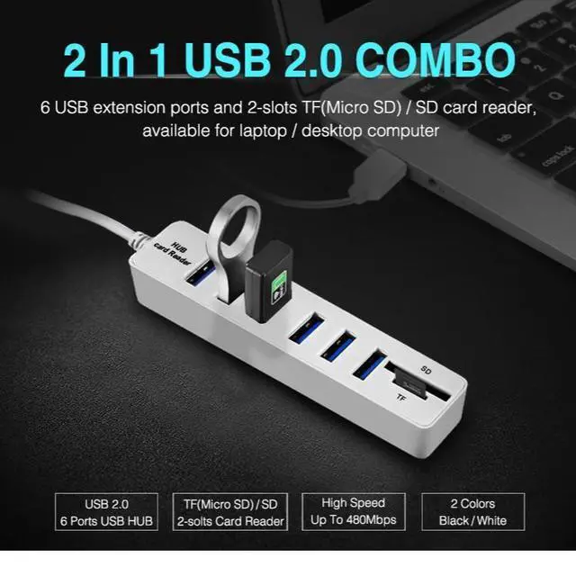 Alt view image 6 of 6 - Multi USB 2.0 Hub USB Splitter High Speed 6 Ports with TF SD Card Reader(Black)