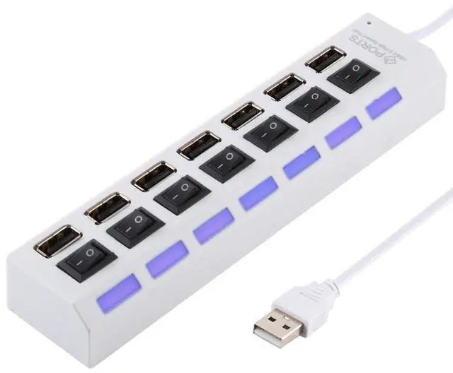 Main image of 7 Ports USB Hub 2.0 USB Splitter High Speed 480Mbps with ON/OFF Switch / 7 LEDs (White)