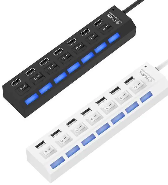 Alt view image 2 of 6 - 7 Ports USB Hub 2.0 USB Splitter High Speed 480Mbps with ON/OFF Switch / 7 LEDs (Black)