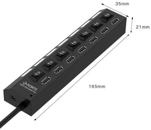 Alt view image 4 of 6 - 7 Ports USB Hub 2.0 USB Splitter High Speed 480Mbps with ON/OFF Switch / 7 LEDs (Black)