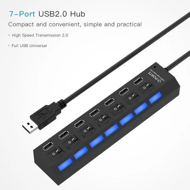 Alt view image 5 of 6 - 7 Ports USB Hub 2.0 USB Splitter High Speed 480Mbps with ON/OFF Switch / 7 LEDs (Black)