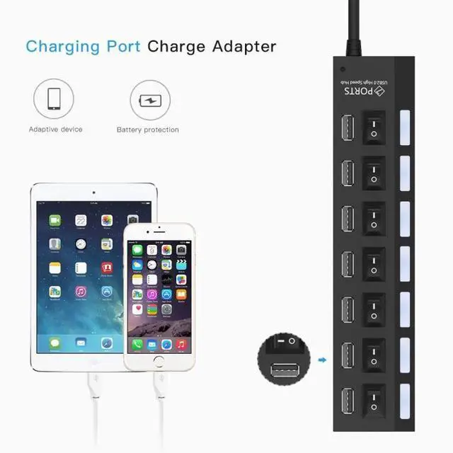 Alt view image 6 of 6 - 7 Ports USB Hub 2.0 USB Splitter High Speed 480Mbps with ON/OFF Switch / 7 LEDs (Black)