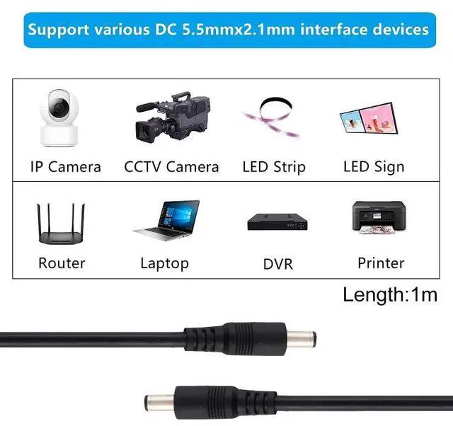 Alt view image 5 of 6 - 8A DC Power Plug 5.5 x 2.1mm Male to Male Adapter Connector Cable, Length:1m 1m (Black)