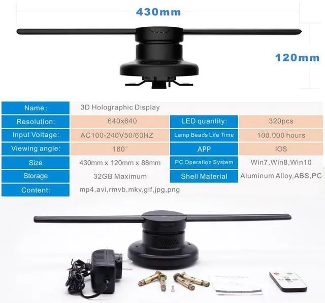 Alt view image 4 of 7 - 42cm Diameter 3D Holographic Display, WiFi App Control, 640 x 640 Pixels Resolution 320 LEDs Billboard, Support Micro SD Card