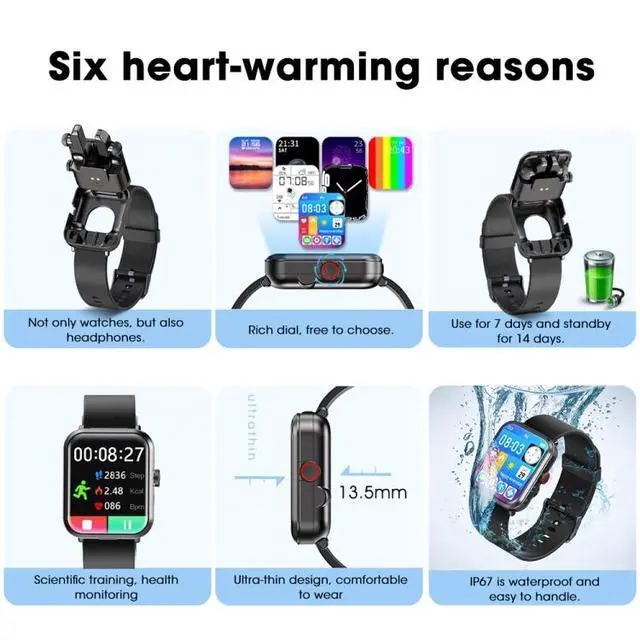 Alt view image 5 of 7 - S6 TWS Earphone 1.91 inch Smart Bracelet Support Bluetooth Call / Health Monitoring (Black)