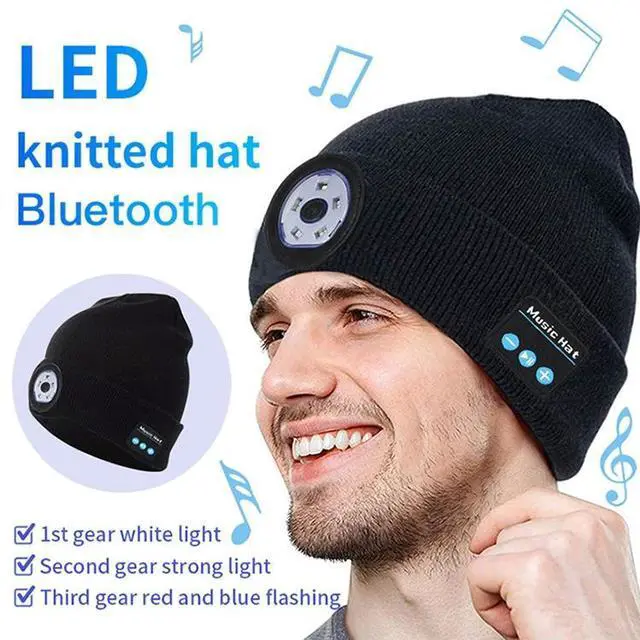 Alt view image 2 of 7 - Outdoor Night Running Night Fishing LED Light Illumination Bluetooth 5.0 Knitted Hat (Navy Blue) Black