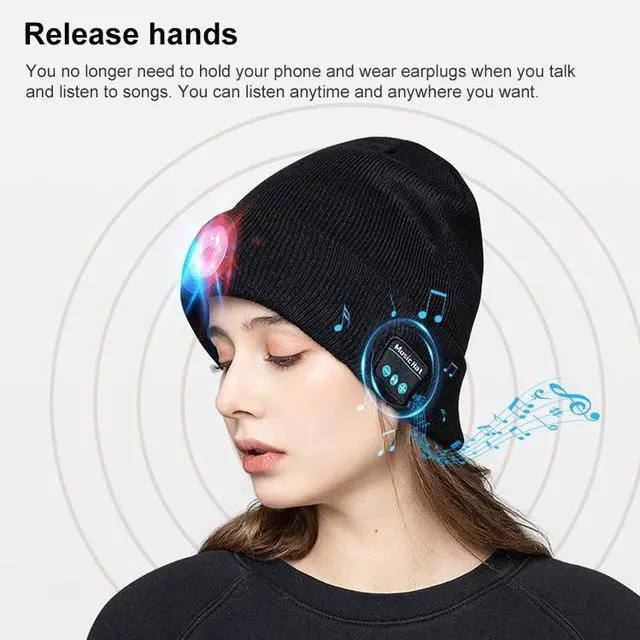 Alt view image 4 of 7 - Outdoor Night Running Night Fishing LED Light Illumination Bluetooth 5.0 Knitted Hat (Navy Blue) Black