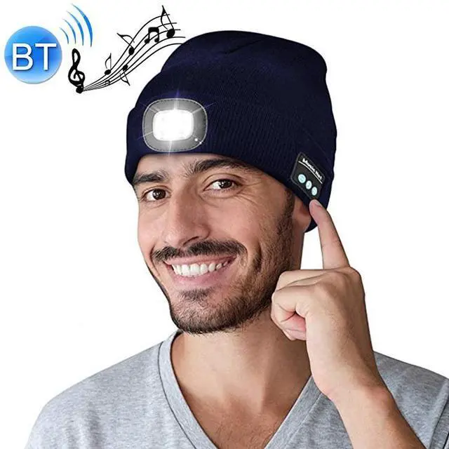 Main image of Outdoor Night Running Night Fishing LED Light Illumination Bluetooth 5.0 Knitted Hat (Navy Blue) Black