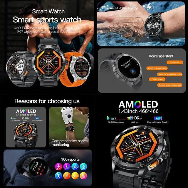 Alt view image 2 of 7 - AK77 BT Call Smart Watch, Support Blood Oxygen / Blood Pressure / Heart Rate / Sports Health Monitoring Fitness Tracker (Orange Silicone)