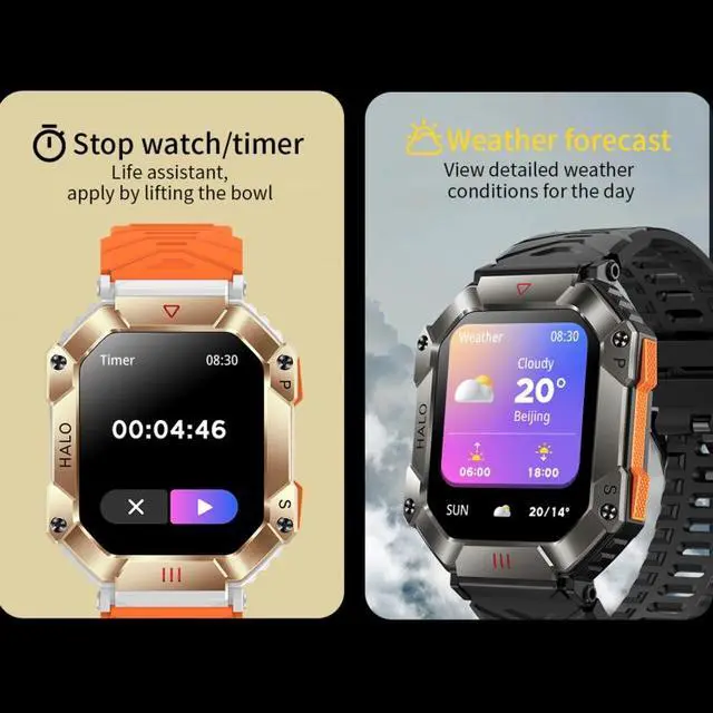Alt view image 3 of 7 - KR80 2.0 inch BT5.1 IP67 Sport Smart Watch, Support Bluetooth Call / Sleep / Blood Oxygen / Heart Rate / Blood Pressure Health Monitor (Black+Orange)