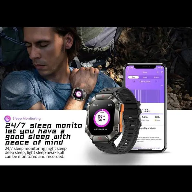 Alt view image 7 of 7 - KR80 2.0 inch BT5.1 IP67 Sport Smart Watch, Support Bluetooth Call / Sleep / Blood Oxygen / Heart Rate / Blood Pressure Health Monitor (Black+Orange)