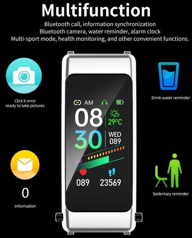 Alt view image 4 of 7 - K50 1.08 inch Silicone Band Earphone Detachable IP67 Waterproof Smart Watch Support Bluetooth Call Silicone Band (Black Silver) (Black Silver)