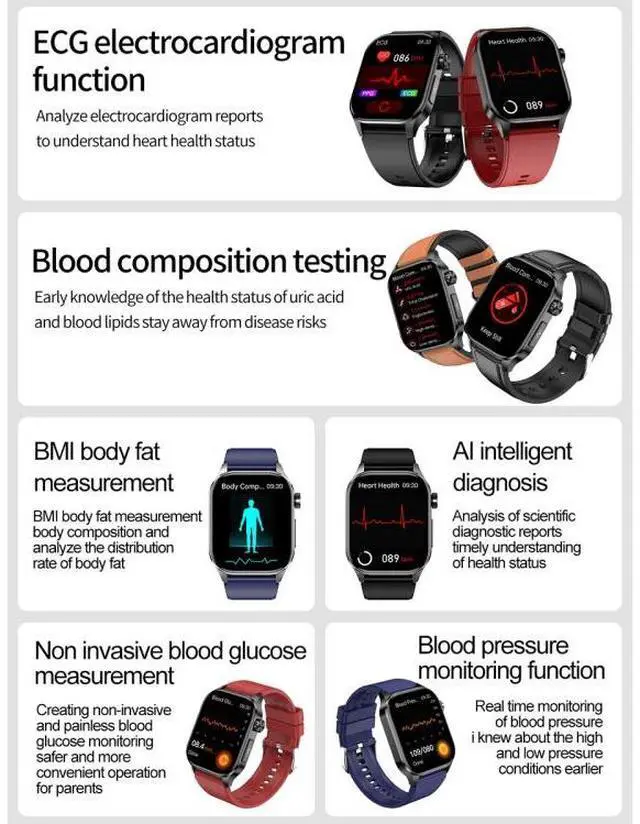 Alt view image 2 of 7 - ET580 2.04 inch AMOLED Screen Sports Smart Watch Support Bluetooth Call / ECG Function (Brown Leather Band)