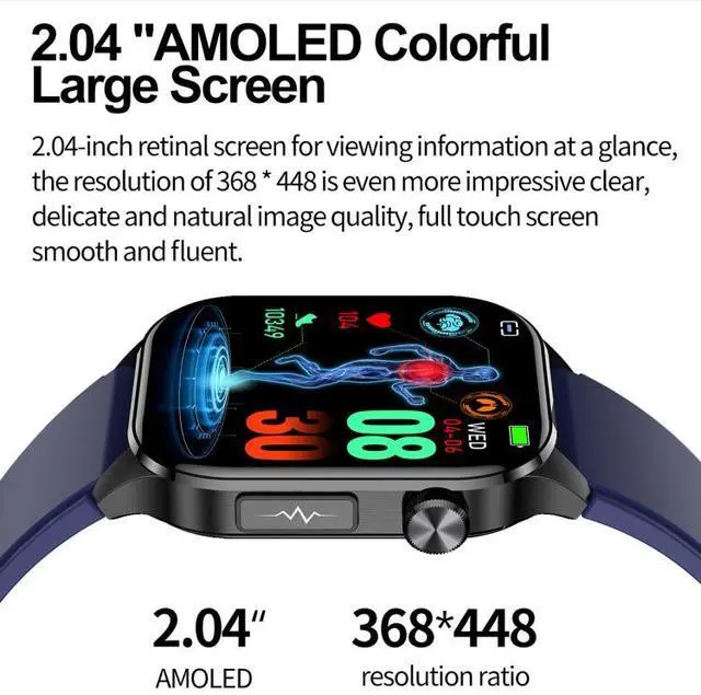 Alt view image 3 of 7 - ET580 2.04 inch AMOLED Screen Sports Smart Watch Support Bluetooth Call / ECG Function (Brown Leather Band)