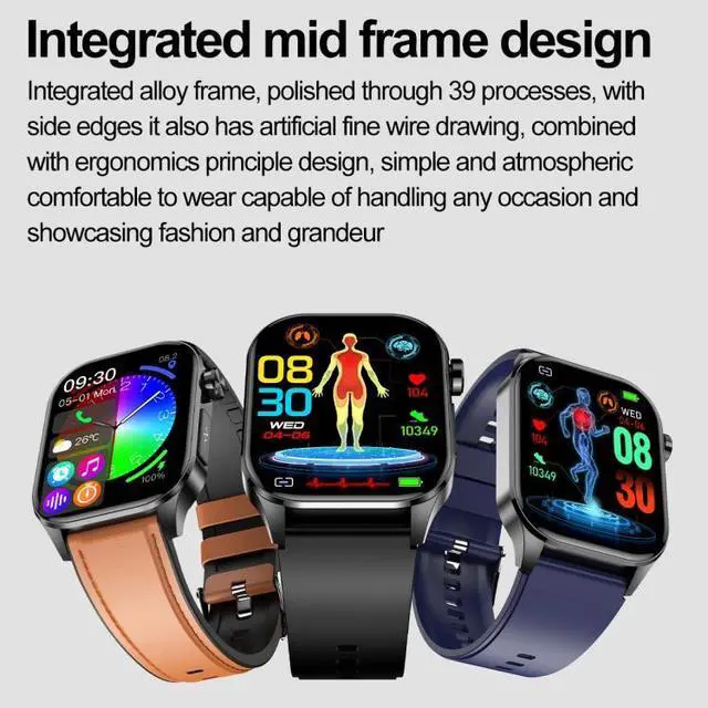 Alt view image 4 of 7 - ET580 2.04 inch AMOLED Screen Sports Smart Watch Support Bluetooth Call / ECG Function (Brown Leather Band)