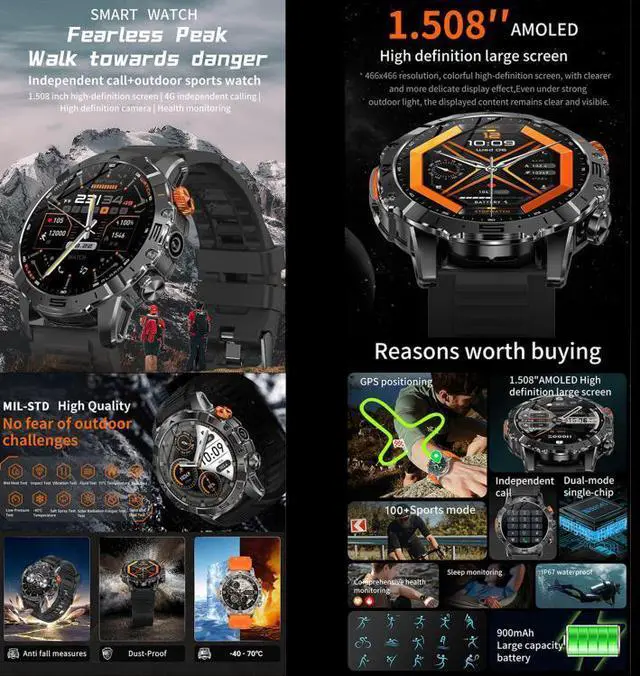 Alt view image 2 of 7 - BH11 4G LTE Android 8.1 Smart Watch, 2GB+16GB, Unisoc 8541 Quad Core, Support Heart Rate / Blood Oxygen (Black Steel)