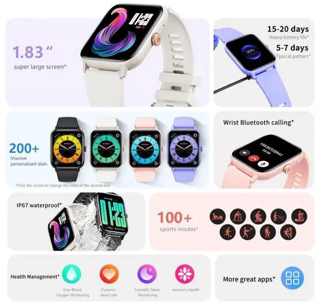 Alt view image 2 of 7 - QS13 1.83 inch BT5.2 Smart Sport Watch, Support Bluetooth Call / Sleep / Blood Sugar / Blood Oxygen / Heart Rate / Blood Pressure Health Monitor (Pink)