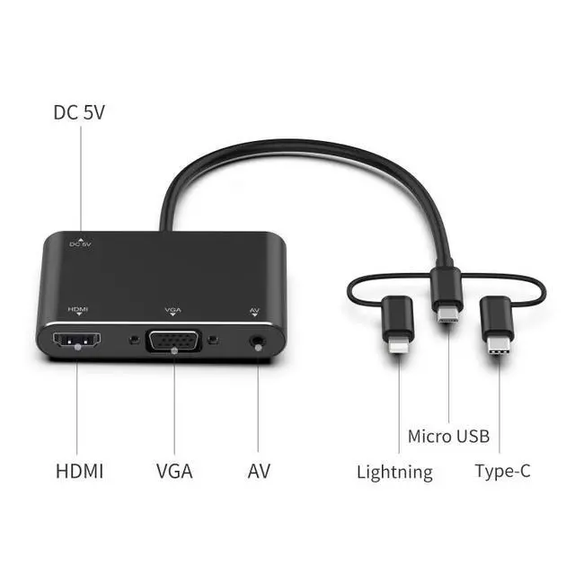 Alt view image 3 of 7 - 7585B 3 in 1 Micro USB / 8 Pin / Type-C to VGA / HDTV / AV Adapter Mobile HD Screen Player (White)